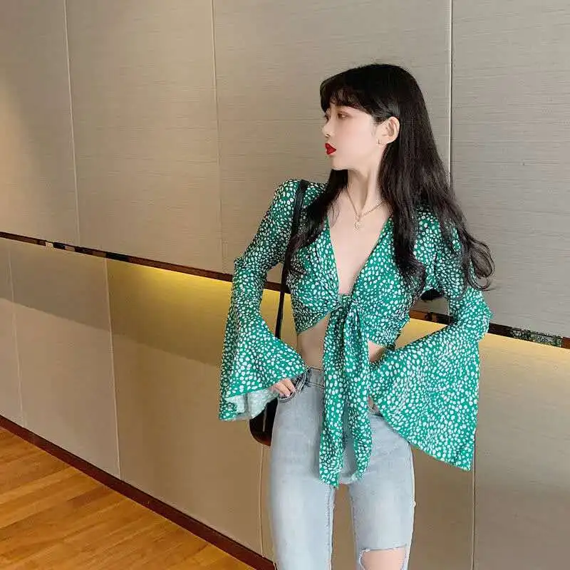 Женский сексуальный короткий топ с v-образным вырезом и цветочным принтом для