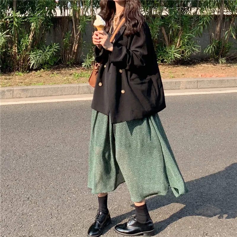 Женское осенне-зимнее длинное платье в горошек элегантное корейское винтажное