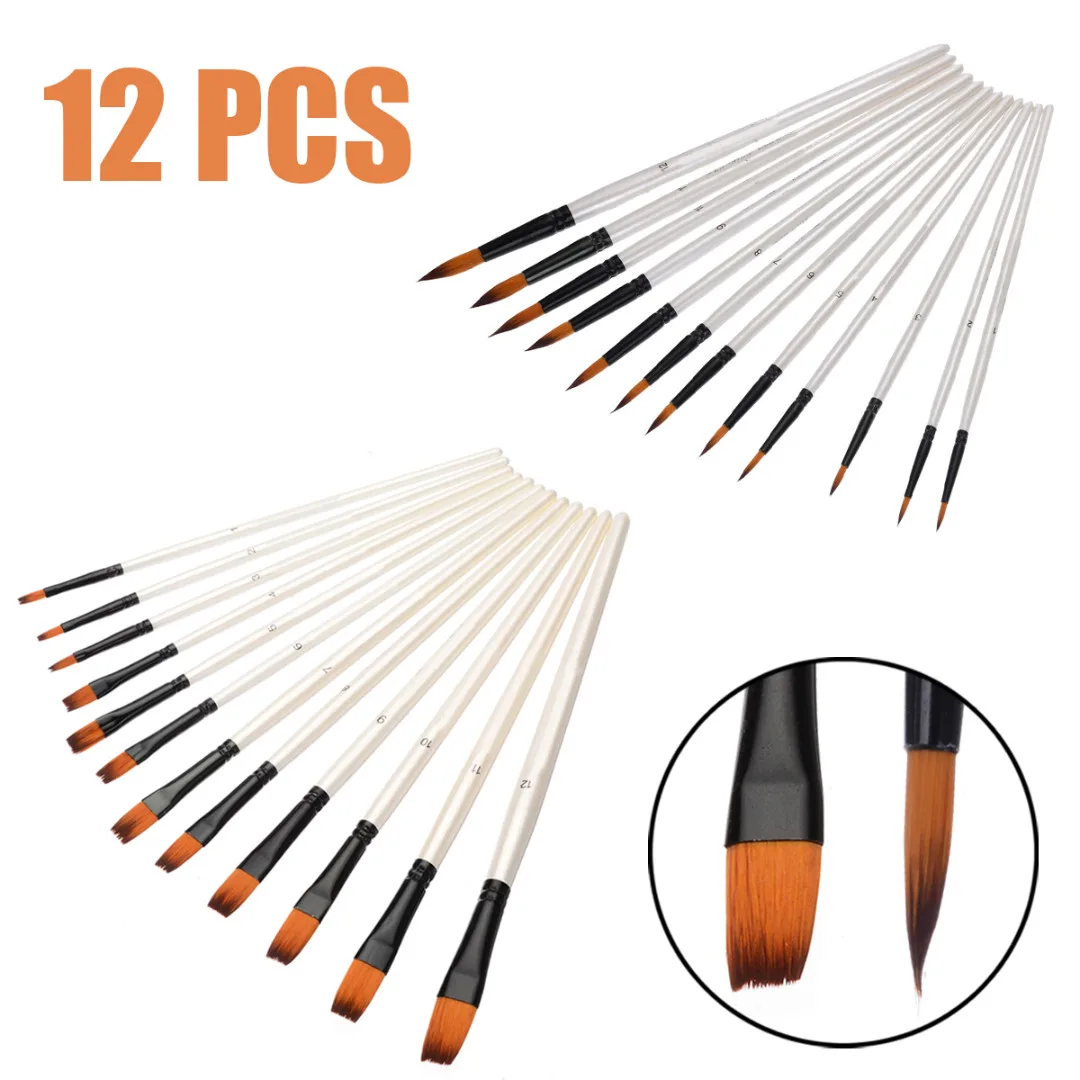 12 шт., нейлоновые искусственные волосы, гуашь, акриловая акварель, масляная краска, набор кистей с деревянной ручкой, художественные принадлежности для рисования на открытом воздухе