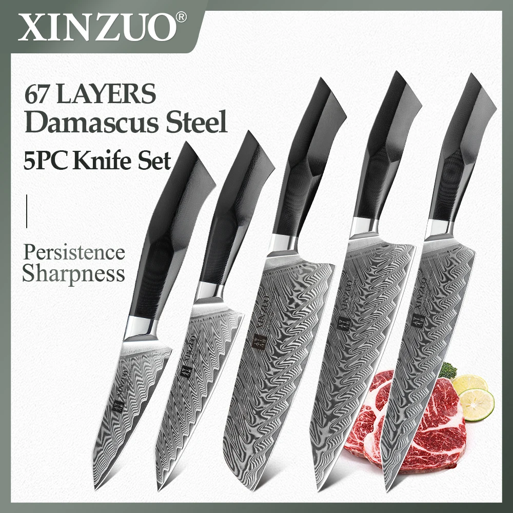 

Набор кухонных ножей XINZUO из 5 предметов из высокоуглеродистой дамасской стали, новые кухонные ножи в японском стиле, бритва, острые лезвия, к...