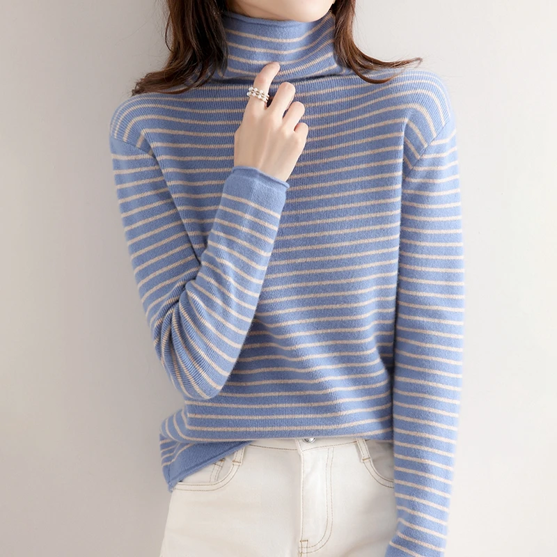 

DY Women Half High Collar Striped SweaterSlim Skin-friendly Knit Pullover Warm Soft Fall Winter Bottom Jumper