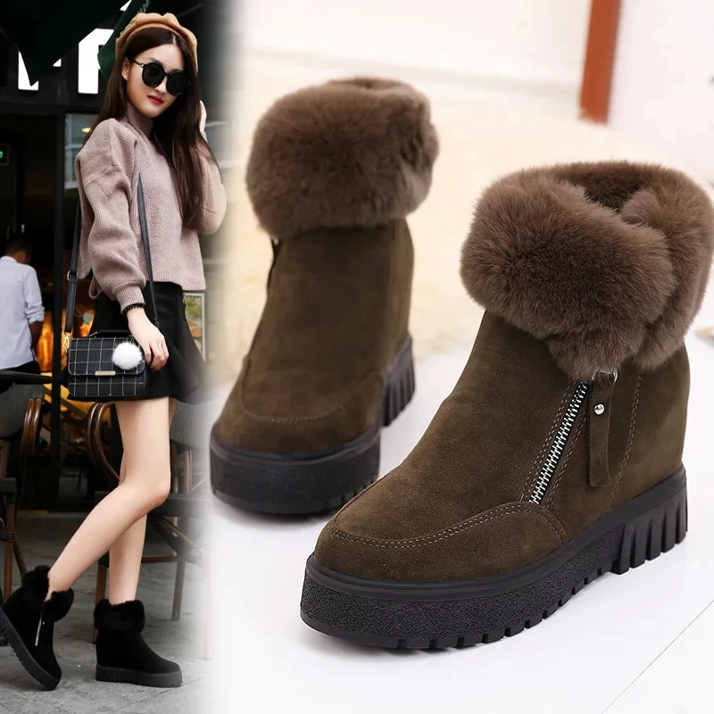 

New Women Boots Winter Outdoor Keep Warm Fur Boots Waterproof Women's Snow Boots Thick Heel with Round Head High Heels 2021