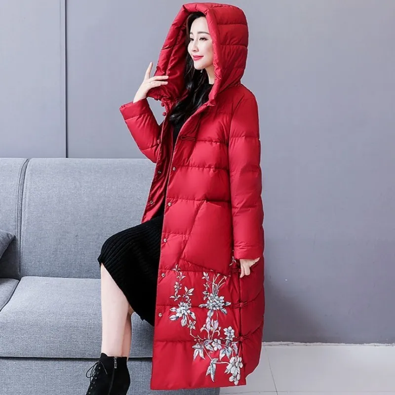 

Vintage Cotton Coat Women Winter New Chic Slim Hooded Warm Outerwear Plus Size 4XL Brand Printed Black Long Jaqueta Feminina