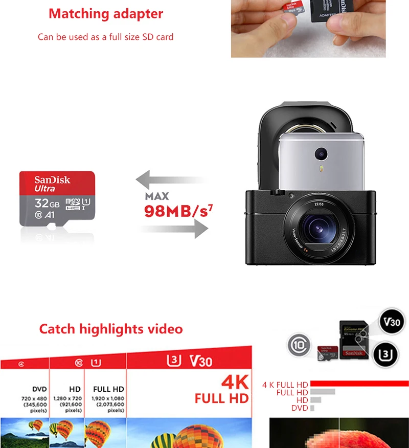 Двойной флеш-накопитель SanDisk картой Micro SD объемом 16 Гб оперативной памяти, 32 Гб встроенной памяти, 64 ГБ 128 A1 слот для карт памяти 98 МБ/с. TF карты флэш накопитель usb для смартфонов