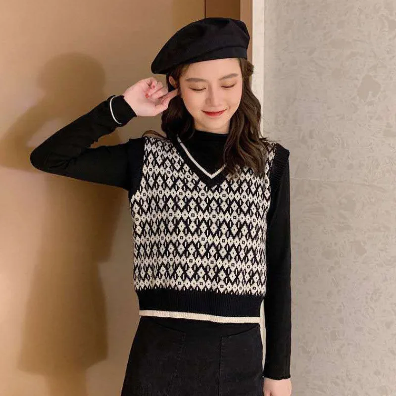 

Женский трикотажный свитер в клетку, повседневный пуловер без рукавов с V-образным вырезом, в стиле Харадзюку, Осень-зима 2021