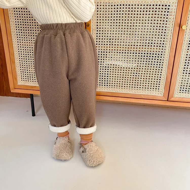 

2021 Winter Children Warm Thick Woolen Casual Trousers Boys and Girls Fleece Inside Solid Color Pants