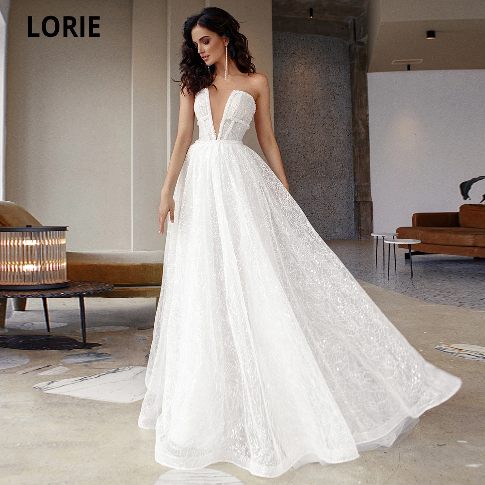 Блестящие кружевные свадебные платья LORIE без рукавов с V-образным вырезом пляжные