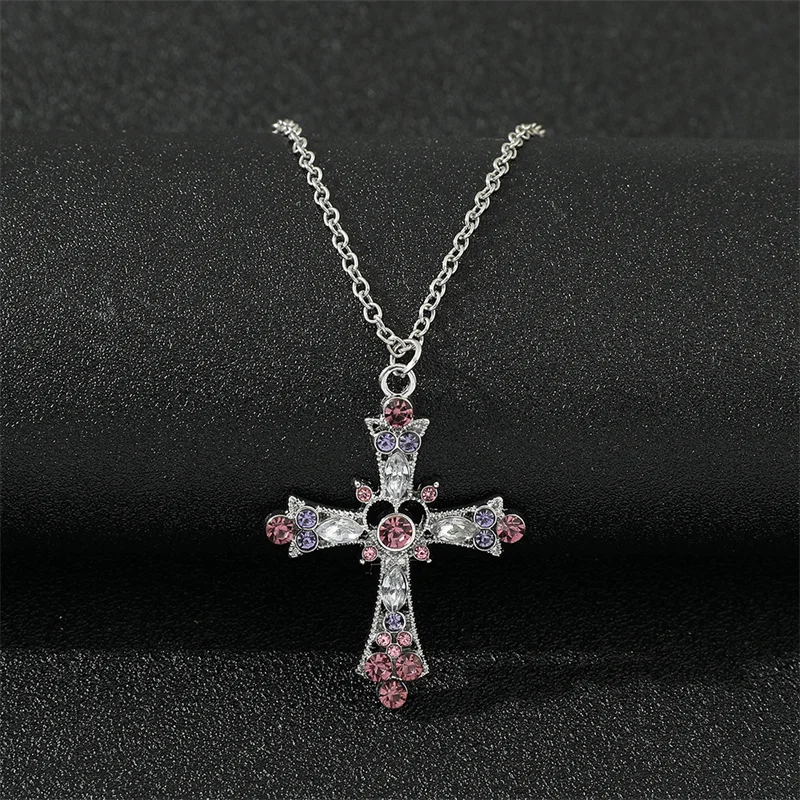 

Модное простое ожерелье с кулоном в стиле хип-хоп для мужчин и женщин, серебристо-розовое ожерелье с кулоном в виде Креста Стразы с Иисусом