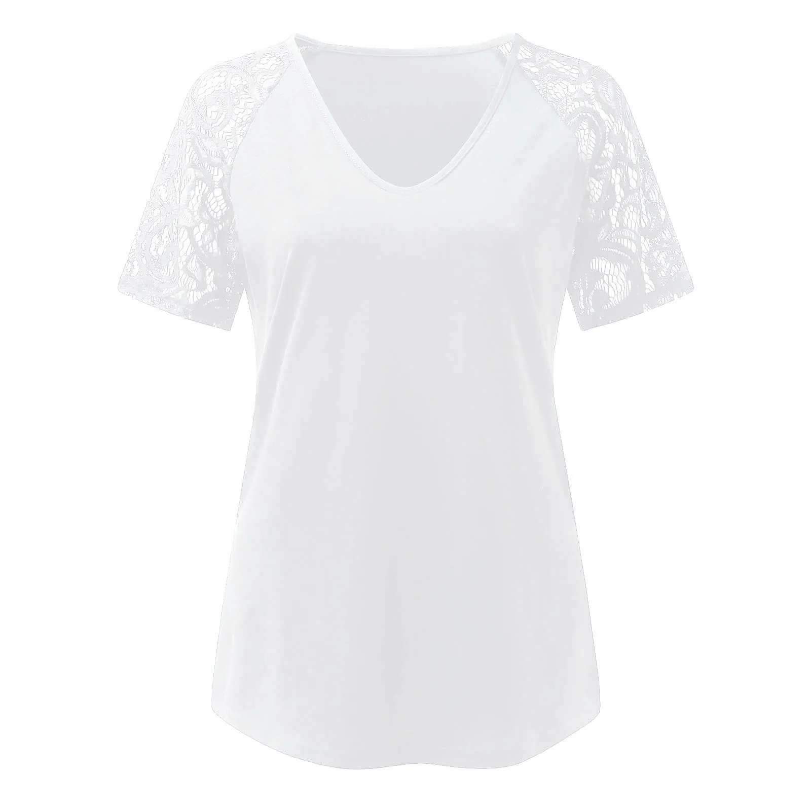 

Summer T Shirt Women Lace Splicing Short Sleeve V Neck Pullover Tunic Tee Shirt Femme Tops Harajuku Solid Color Women's T-shirt
