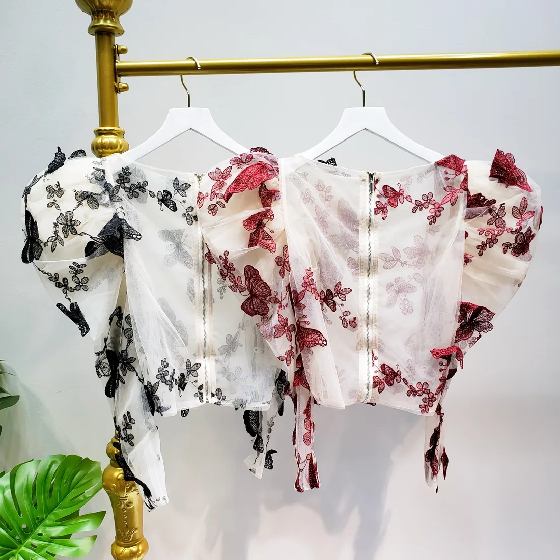 L77street Heavy Industry Mesh Butterfly Embroidered English Lantern Sleeve Perspective Slim Long Sleeve Thin Shirt