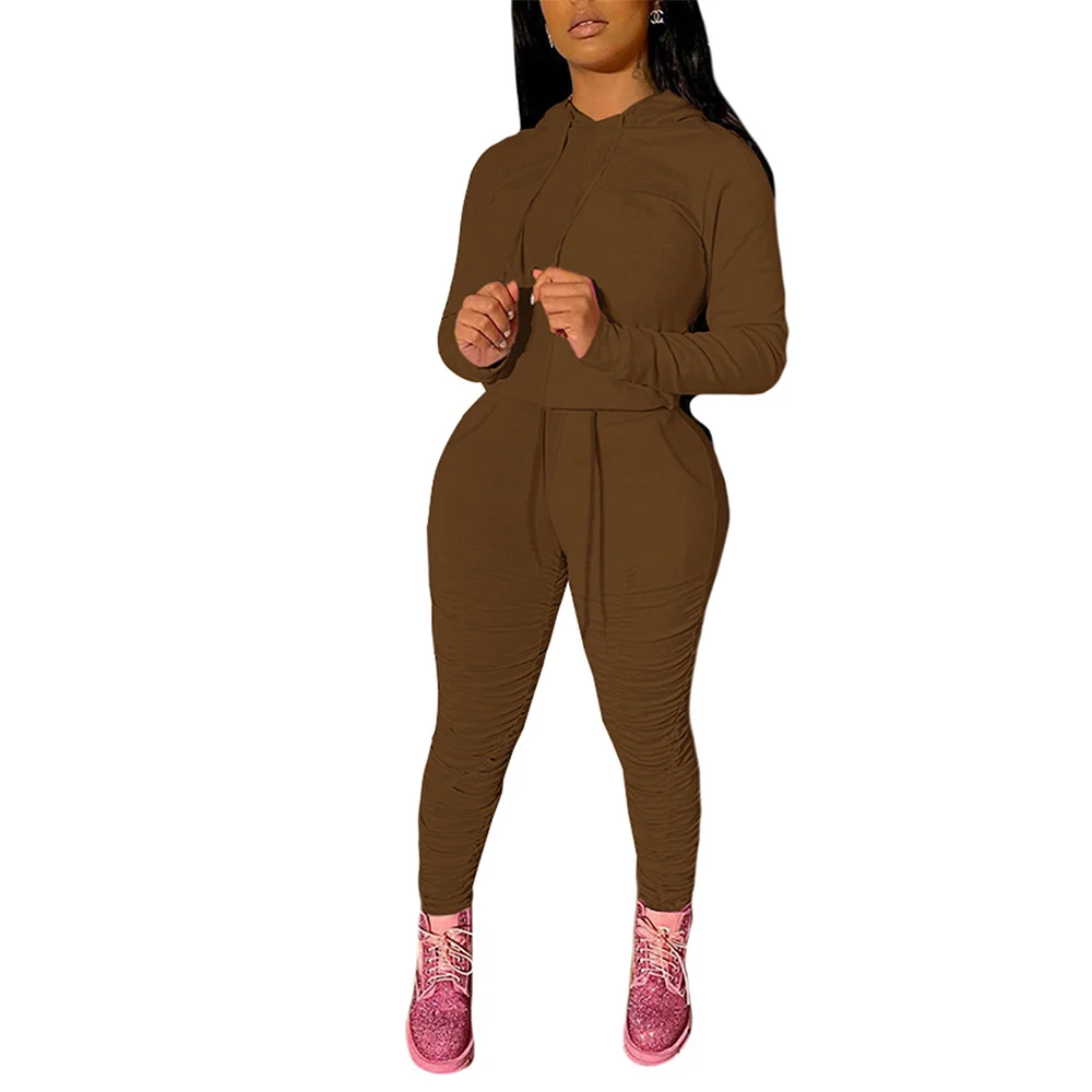 

Slim Fit Pleated Drawstring Pockets Long Pants Full Sleeve Hooded Bandage Tops Empire Waist Solid Color Casual Two Piece Suits