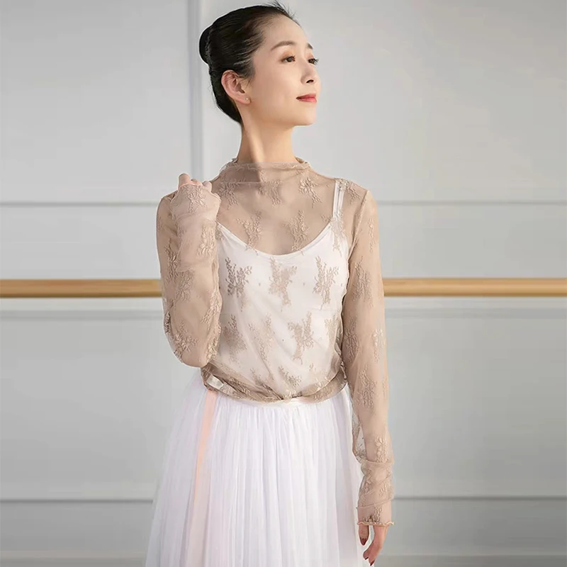 

Fall Winter White Black Khaki Elastic Embroidery Lace Long Sleeve Ballet Leotard T Shirt Dance Top Adults Ballerina Tee Shirts