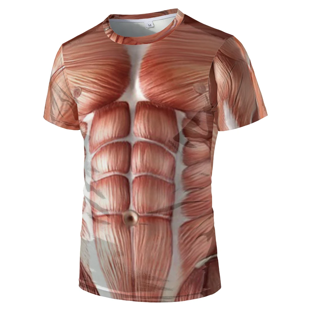 

Summer New 3d false muscle t-shirt European And American Fashion Super Strong Muscle Breast Hair Men Large Printed T Shirt