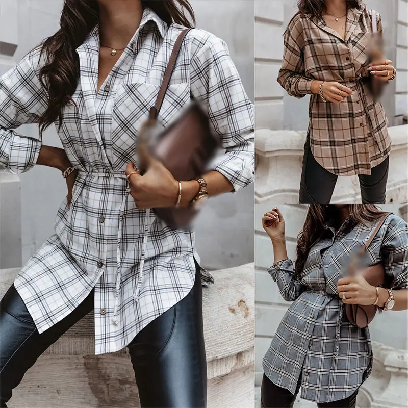 

Autumn Plaid Print Mid-length Women's Shirts Long Sleeve Turn-Down Collar Single Breasted Belt Female Shirt Casual Lady Clothes
