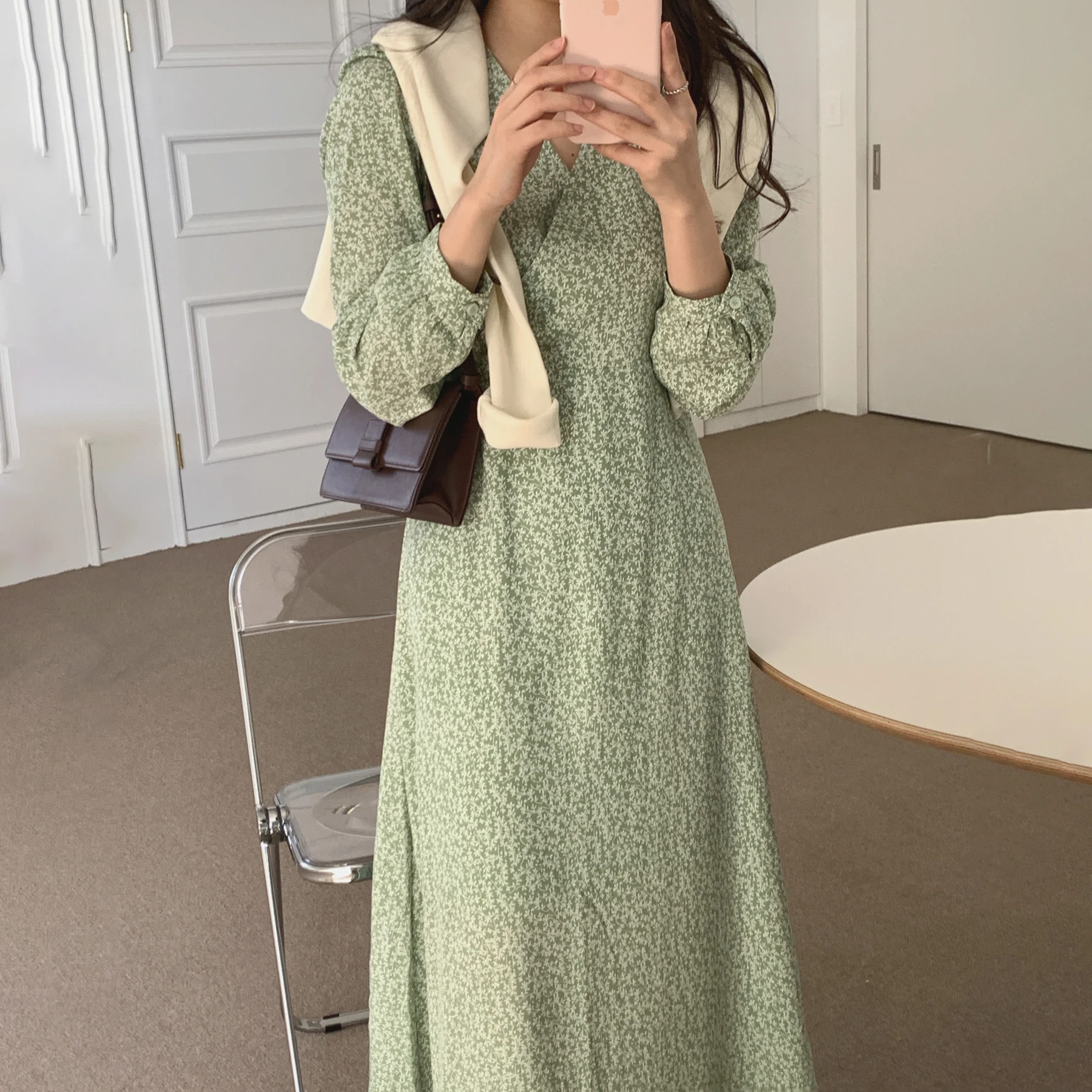 

Korean CIHC French Minority Spring and Autumn Clothing Gentle Elegant Loose Slimming Floral V-neck Lace-up Long Dress