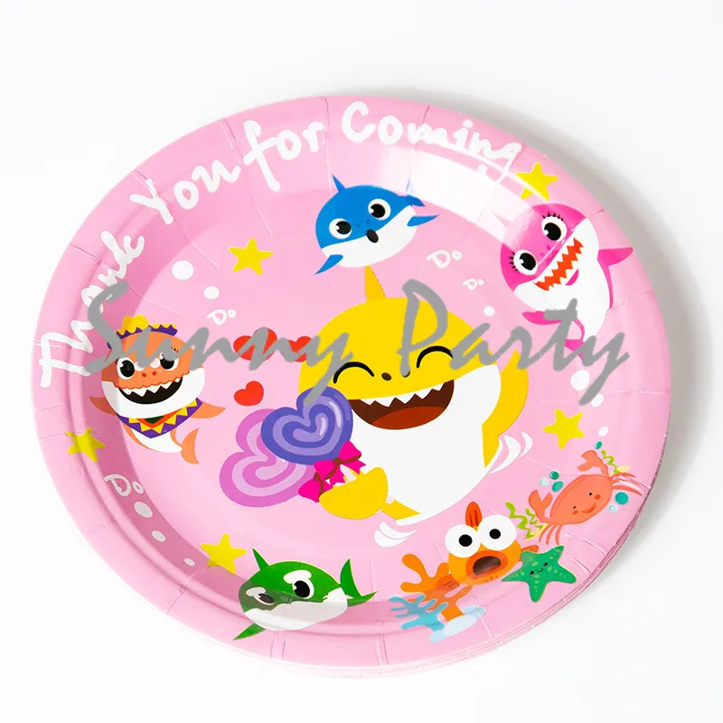 21pcs/lot Cartoon Pink Shark Theme Disposable Cup Plates Tablecloth Set Kids Birthday Party Baby Shower Tableware Supplies | Дом и сад