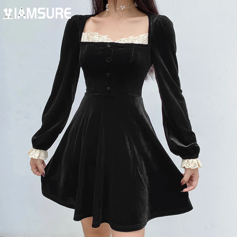 

IAMSURE Vintage Lace Trim Velvet Dress Elegant Slim Square Collar Lantern Sleeve A-Line Mini Dresses For Women 2021 Autumn Lady
