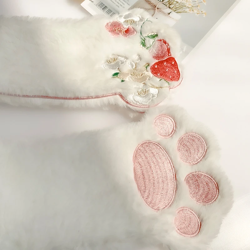 Winter Kawaii Scarf Gloves Set Women Plush Japanese Fashion Cute Cat Paw Embroidery Neck Warm Fuzzy Fluffy Girls Long Scarves