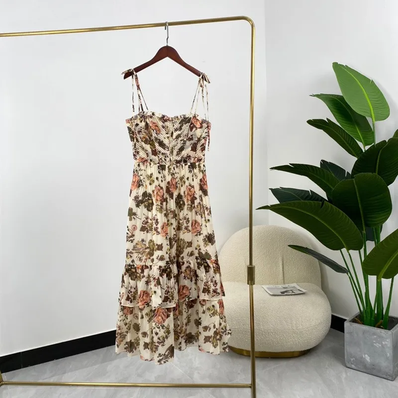 

2021 New Summer Beach Style High Quality A-line Botanical Floral Print Strapless Luxury Tiered Midi Dresses for Ladies Holiday