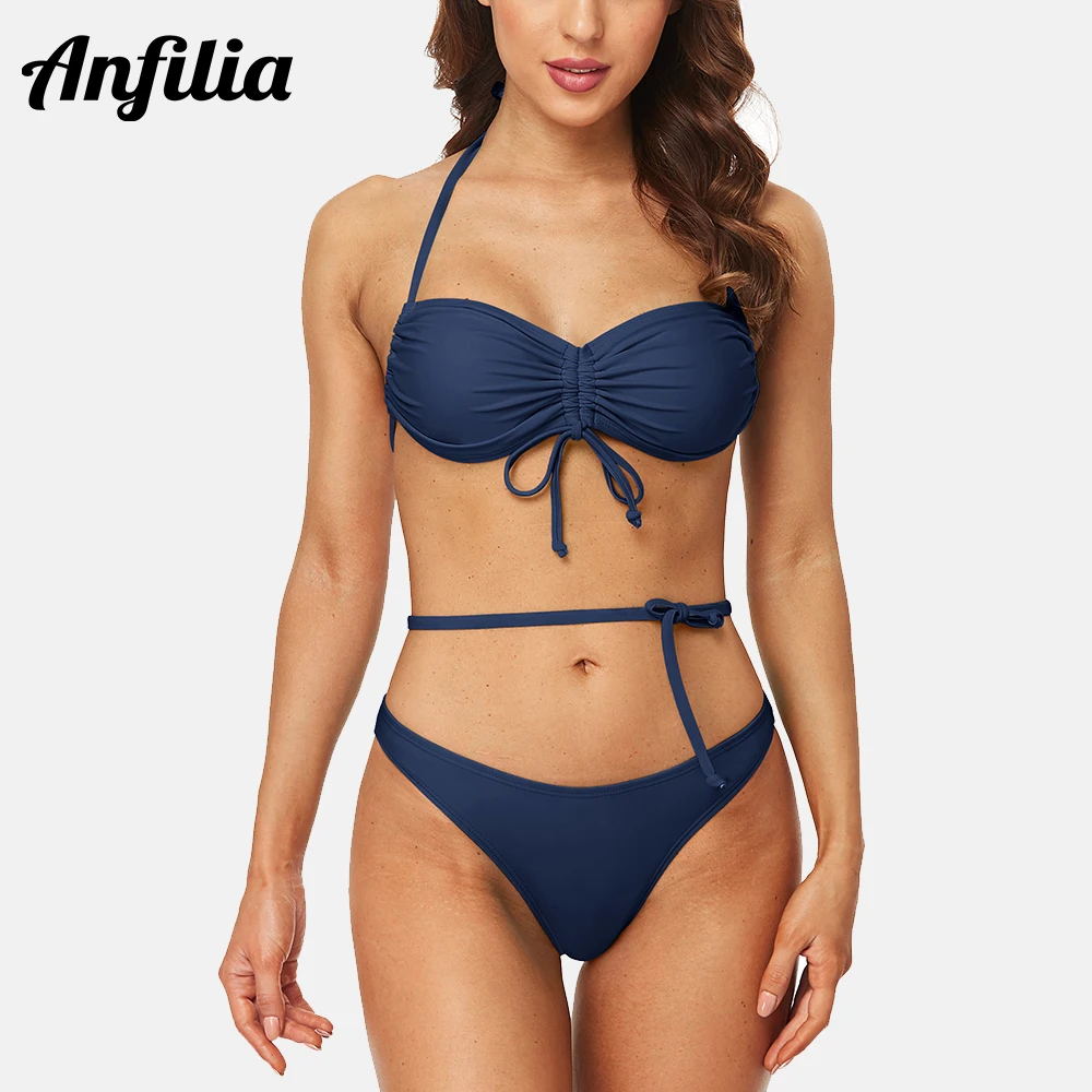 

Anfilia Women Bikini Set 2 Pieces Ruched Solid Bathing Suit Drawstring Adjustable Sexy V Neck Top High Cut Bottom Swimsuits