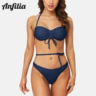 Женский комплект бикини с рюшами Anfilia, однотонный купальный костюм из 2 предметов, регулируемый пикантный купальник с V-образным вырезом и высоким вырезом, купальники