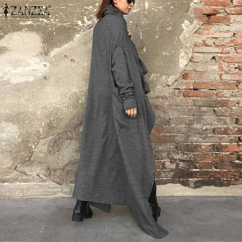 ZANZEA/модные женские длинные куртки с воротником-хомутом и длинными рукавами, Осенний однотонный кардиган, винтажные Свободные пиджаки Femininas, открытые рубашки спереди