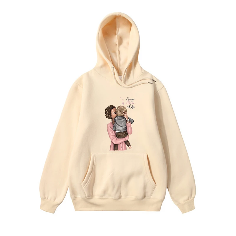 

Women's Hooded Pullover Fashion Maternal Love Series Pure Cotton Hoodie Spring Loose Hoodie Fashion White