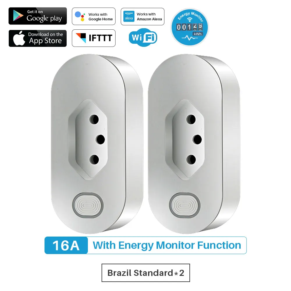 2 Pcs WiFi Smart Plug бразильский стандарт 16A интеллектуальная розетка синхронизации с монитором энергии управление приложением работает с Alexa Google Assistant - Цвет: 2 Pcs