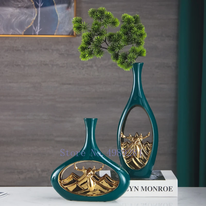 Керамическая ваза с вырезами Современная зеленая ажурная золотым оленем для
