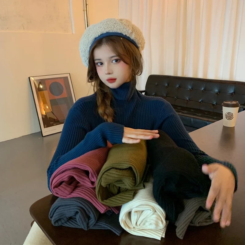 

Korean Clothes Turtleneck Casual Style Pullovers Autumn Winter Clothes Women Knitted Ladies Tops Solid Sweaters Female New