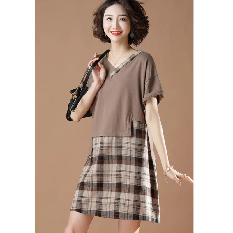 

Dress Women's 2021 Summer Vintage Loose V-neck Short Sleeve Patchwork Plaid Dress Casual Dresses Big Sizes Pencil Dress Female
