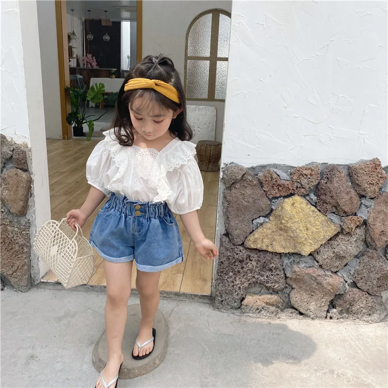 Baby Summer Shirt Suit Wear Puff Sleeve White Top Children Fashion Clothing Set for Girls Short Pants Jeans Kid Birthday Present