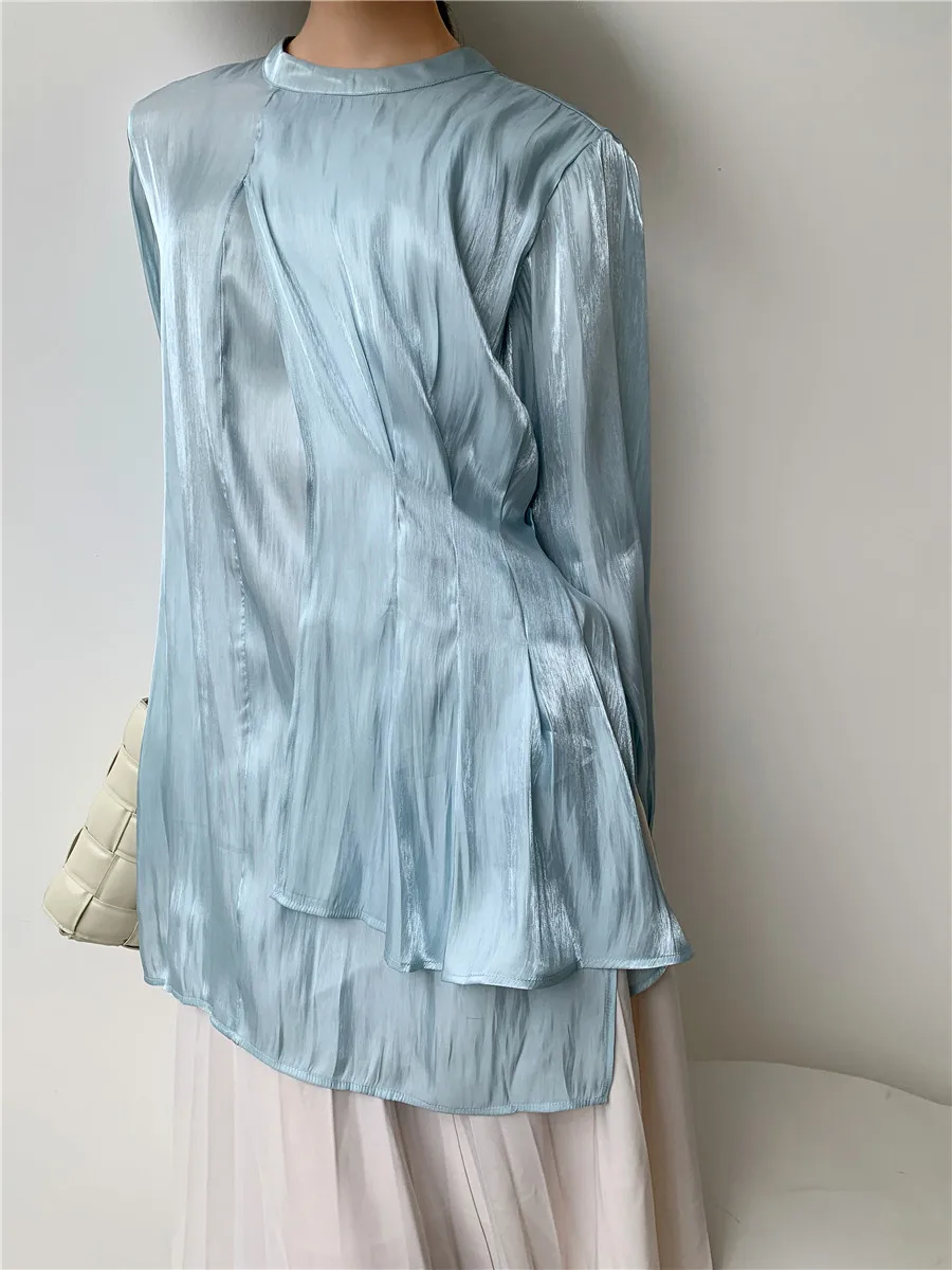 

CHEERART Aqua Blue Satin Long Sleeve Blouse Women Ruched Top Asymmetrical Ladies Blouse Glitter Top Korean Fashion Clothing