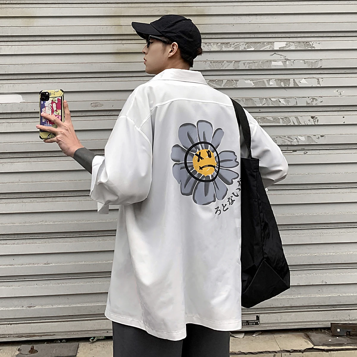 

Casual Shirt Little Cartoon Flower Print Streetwear Cotton fashion Long Sleeve Mens Shirts