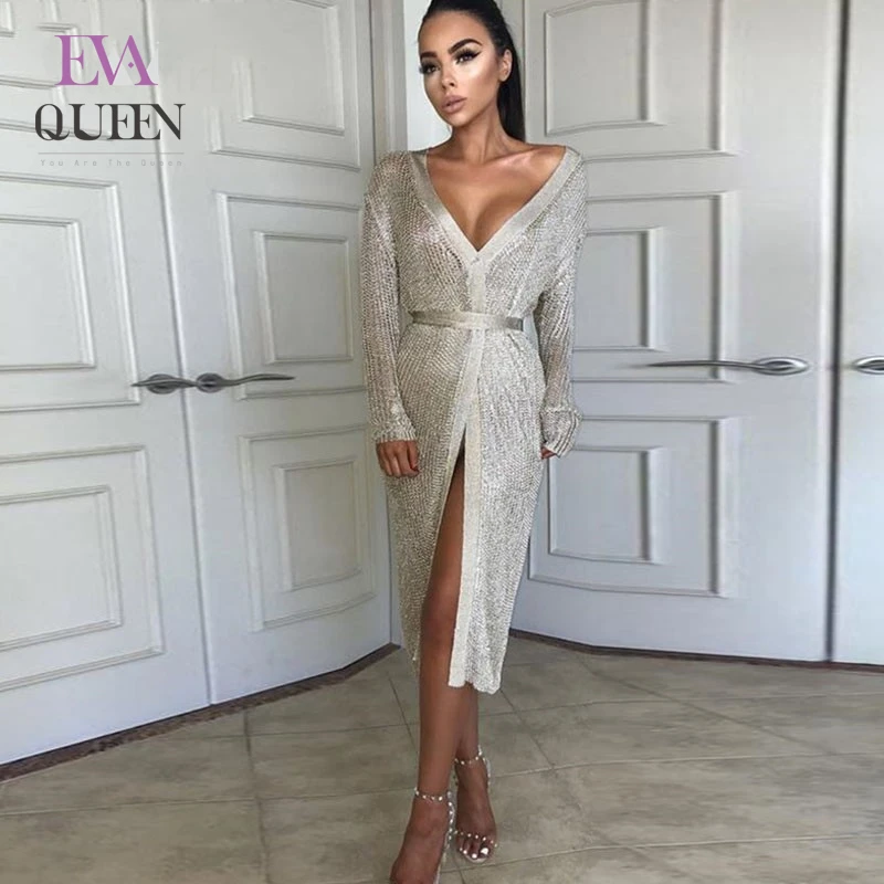 EvaQueen/осенне зимние повседневные сексуальные платья для женщин серебристого