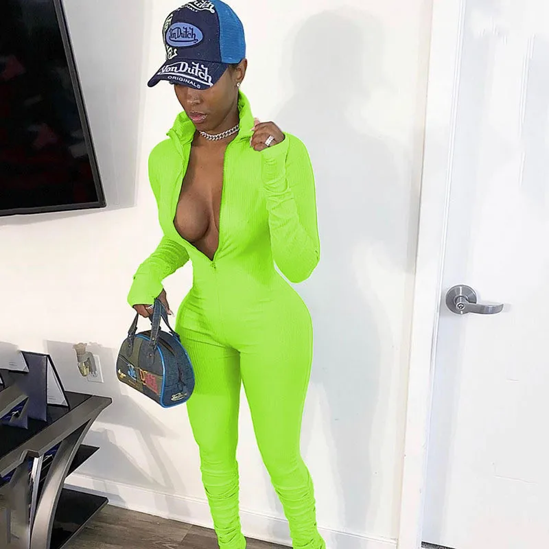 

2020 new arrival women jumpsuit solid bodysuit long sleeve zipper deep v-neck sexy bodysuit party night workout outfits clubwear