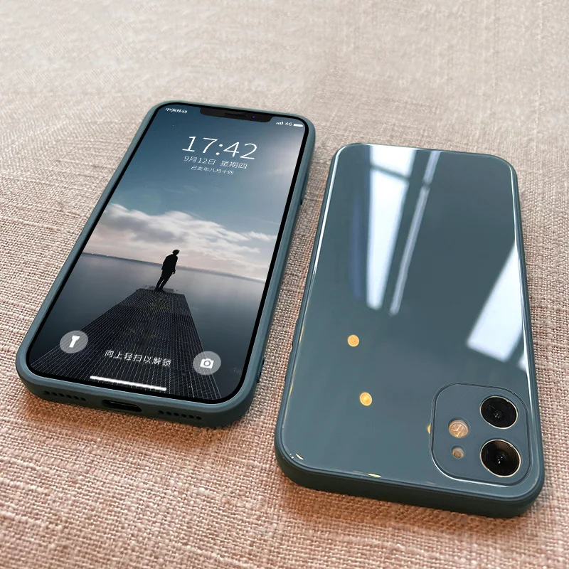 

ASM Luxury Square Tempered Glass Case For iPhone 11 12 Mini Pro Max XS XR X 7 8 Plus SE 2020 Original Silicone Hard Thin Cover