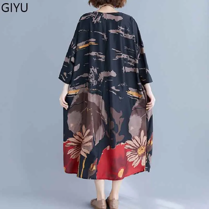 Большие размеры Boho для женщин осеннее платье винтажное искусство этническое
