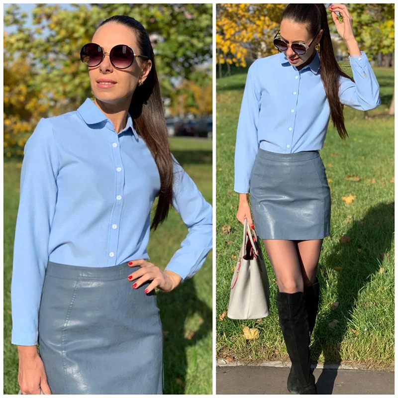 Женская зимняя хлопковая офисная блуза 2019 одноцветная однобортная рубашка с