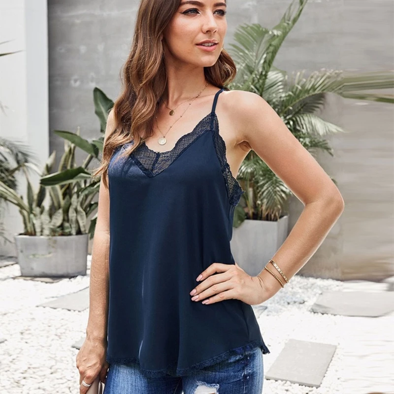 

Womens Summer Spaghetti Strap Tank Top Lace Trim Sexy Deep V-Neck Strappy Camisole Solid Color Snakeskin Print Loose Sleeveless