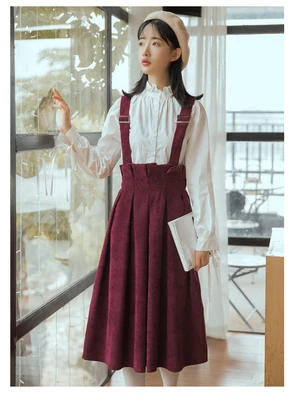 wine red Женская однотонная Вельветовая юбка на подтяжках с высокой талией, плиссированная трапециевидная юбка с расклешенными лямками, миди комбинезон, винтажная юбка с карманом - Цвет: wine red