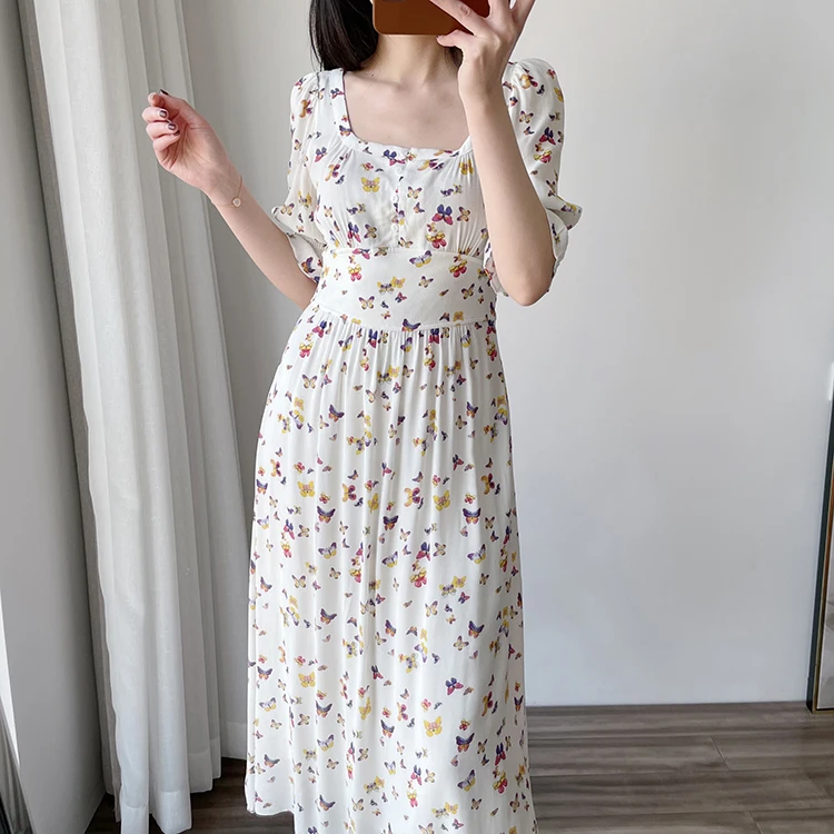 

Женское платье миди с квадратным вырезом, разноцветное платье с принтом бабочки, рукавом до локтя, поясом на резинке и пуговицами, весна-лет...