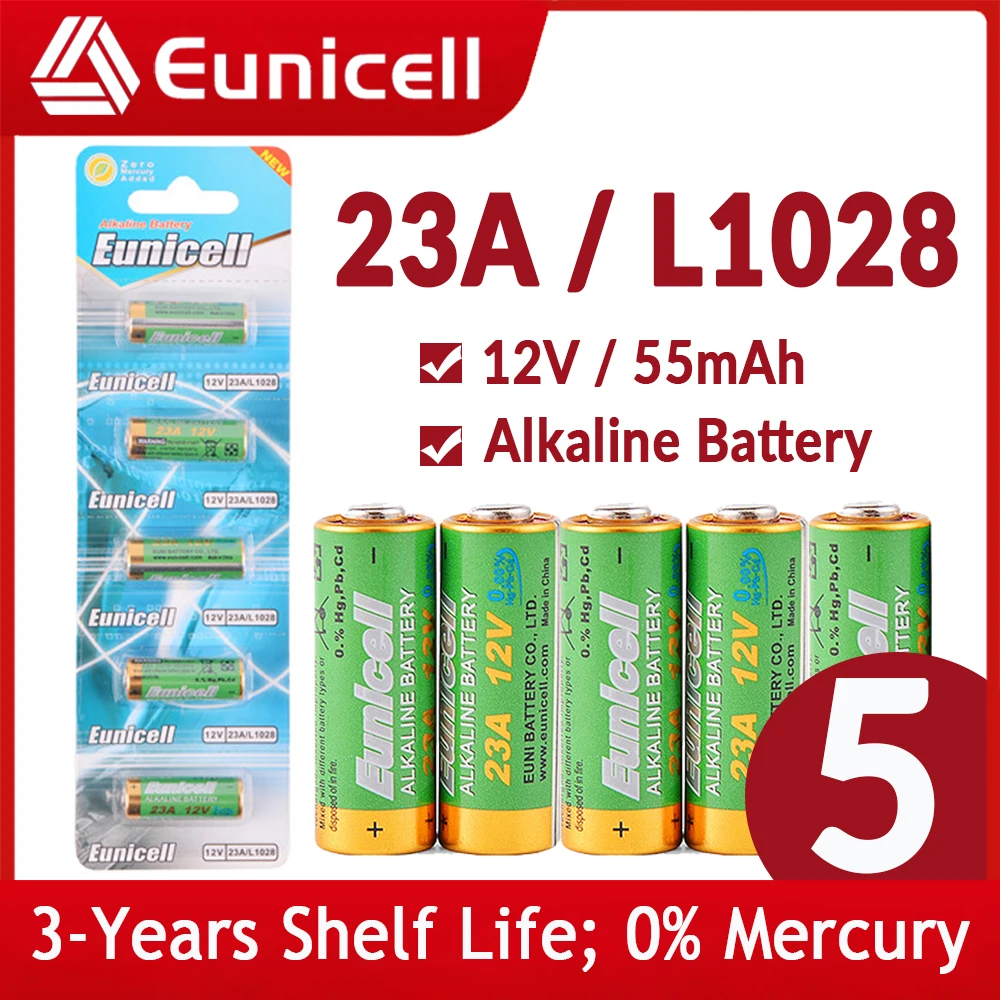 

Eunicell 5PCS 12V 23A 23GA 21/23 A23 A23S E23A EL12 MN21 V23GA L1028 RV08 GP23A K23A Alkaline Battery for Doorbells Power Remote