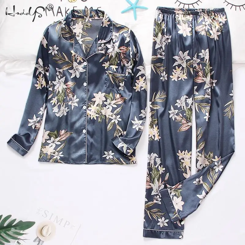 

FAKUNTN Spring Autumn Women's Pijamas Silk Satin Pajamas Set Long Sleeve and Trouser Pyjamas Suits Sleepwear Loungewear Female