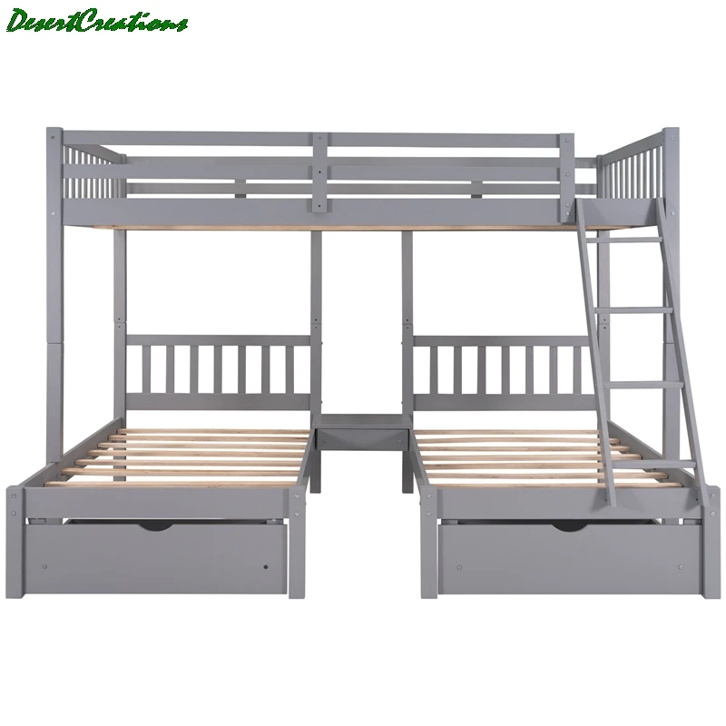 

Full Over Twin & Twin Bunk Bed, Wood Triple Bunk Bed with Drawers and Guardrails for Kids, Teens, Adults