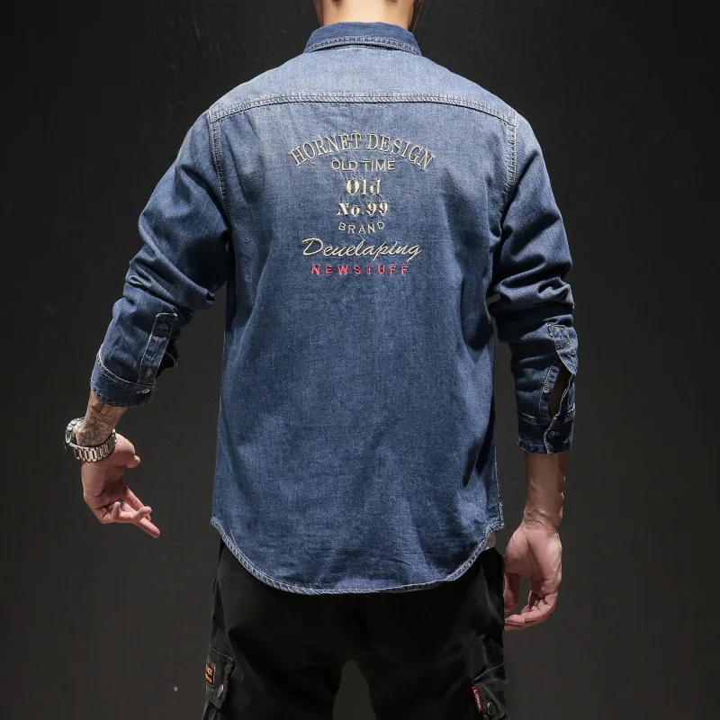 

European Style Long Sleeve Embroidery Denim Shirt Men's Fashion Casual Jean Tops Spring Youth Handsome Retro Pure Cotton Shirts