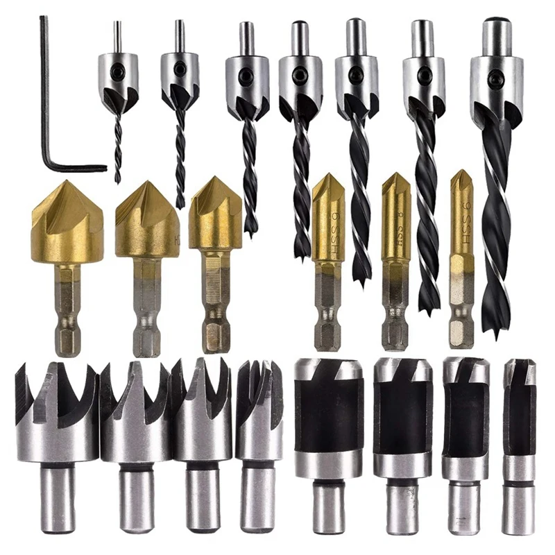 Woodworking Drilling Or Chamfer Tool 8Pc wood Plug Cutter 6Pcs 1/4 Inch Hex Shank 5 Flute 90 Degree Countersink Drill Bits 7Pcs | Дом и сад