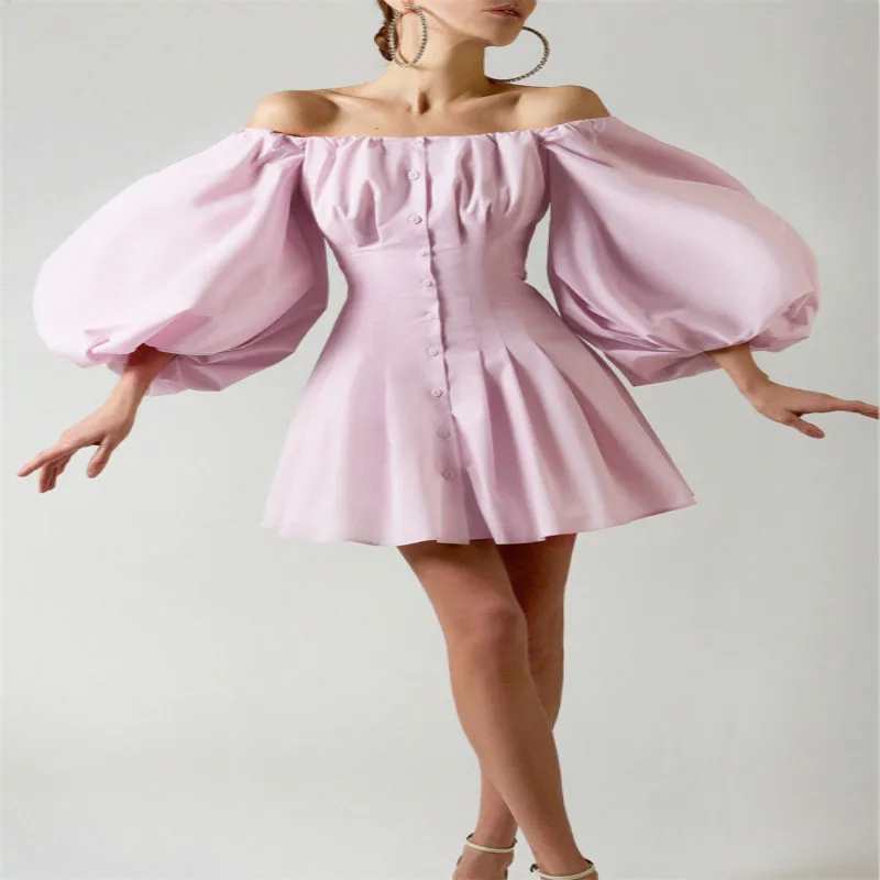 Осень 2021 новое женское платье с пышными рукавами и одним вырезом приталенное на