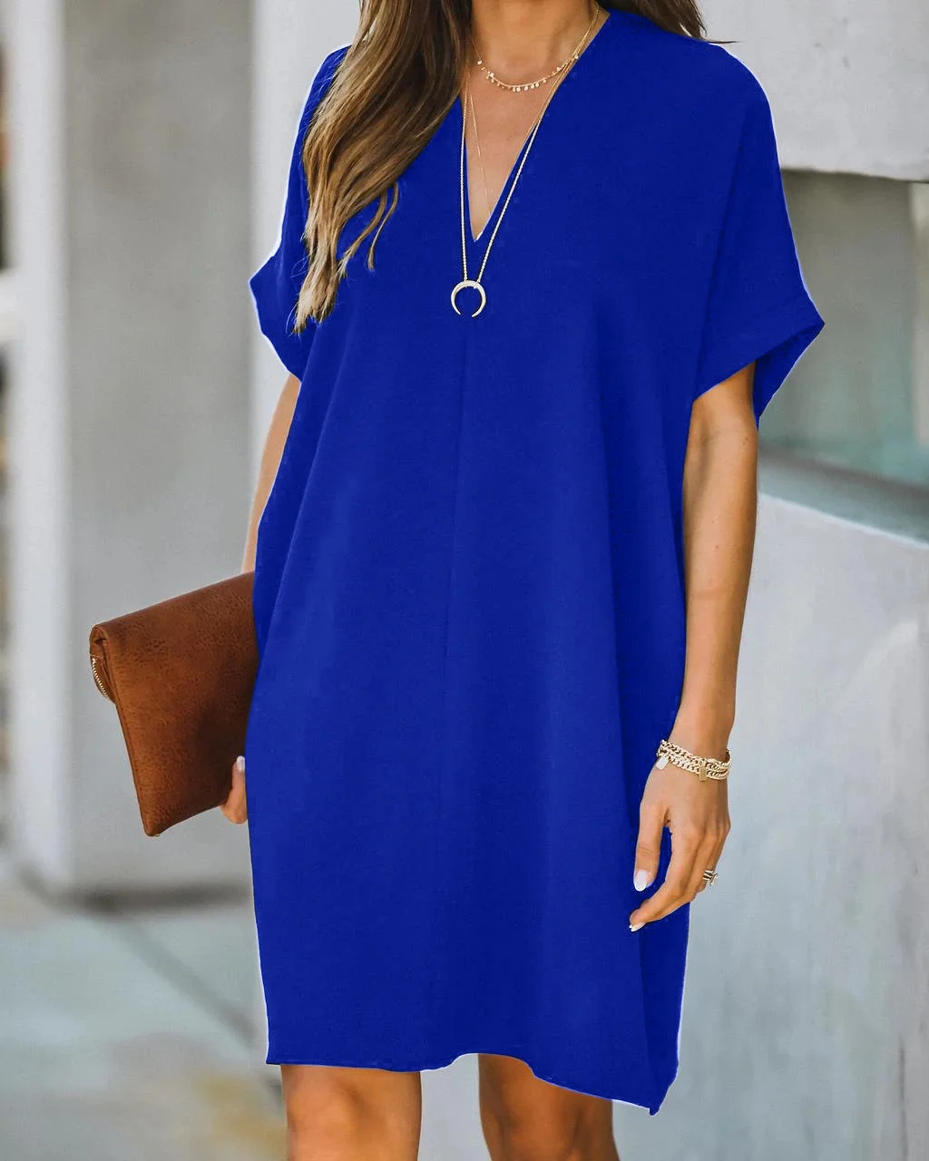 

Female Fashion V-neck Short Sleeve Solid Elgant Loose Dress Women Summer Office Work Party Dress