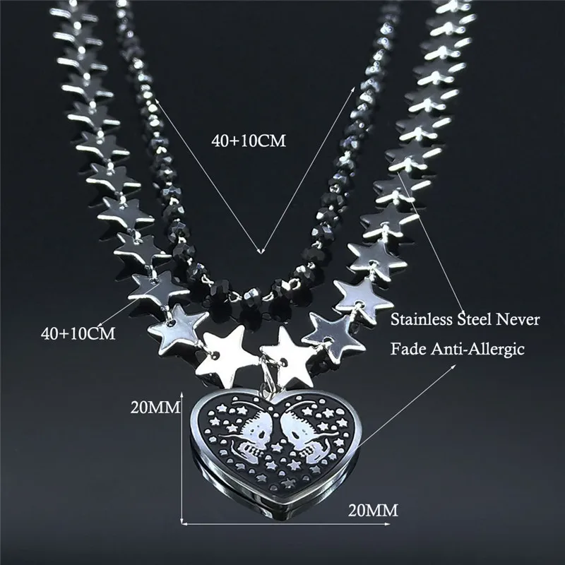 

2PCS StainlessSteel Black Crystal Bead Layered Necklaces Witchcraft Gothic Skull Heart Necklaces Jewelrycolliers NXS02